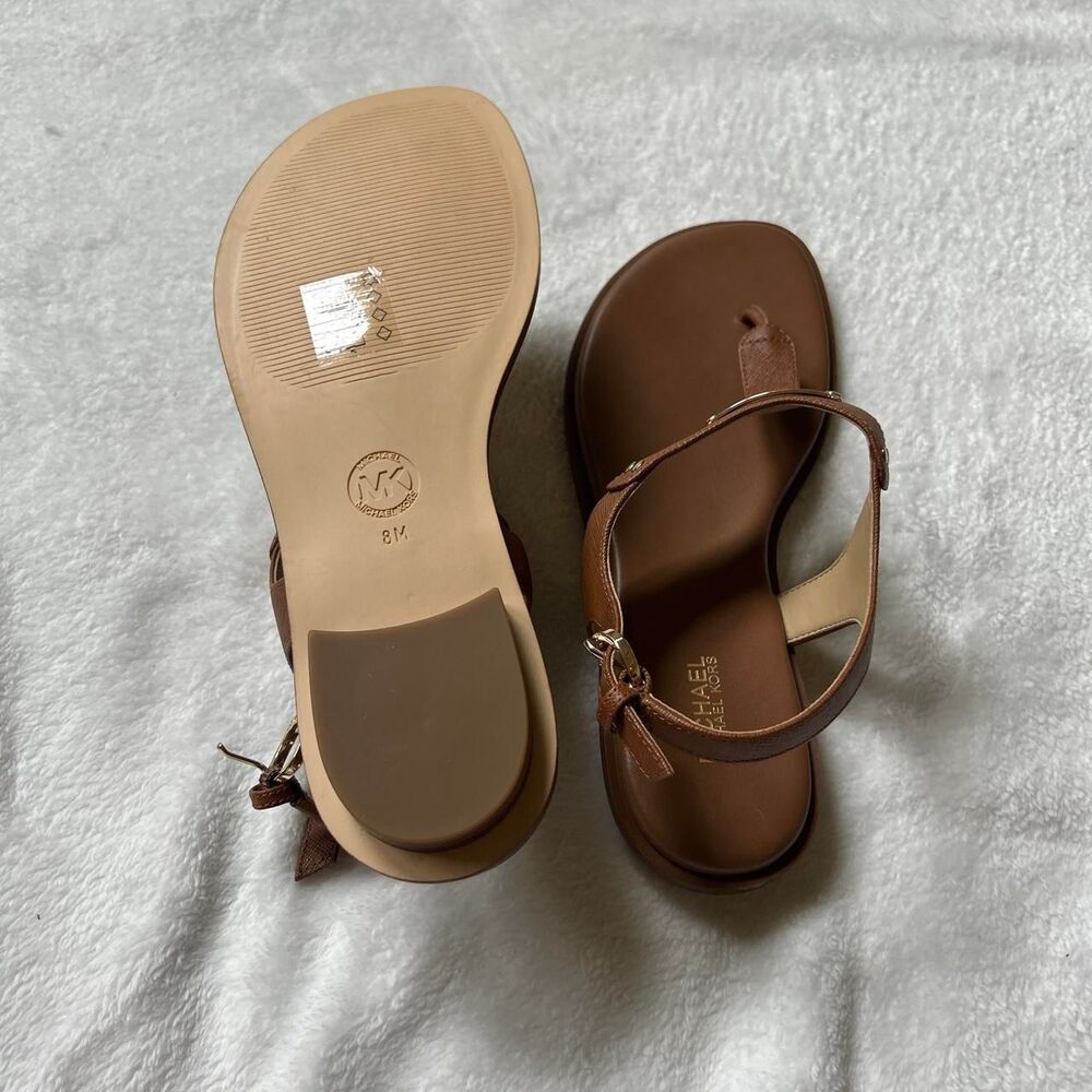 MICHAEL Michael Kors Brown Tan leather T-straps sandals New size 8 gold hardware - Picture 4 of 4